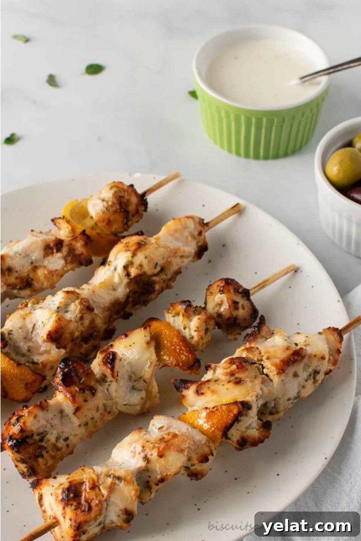 Skewers of chicken breast chunks and lemon wedges slightly blackened at the edges.