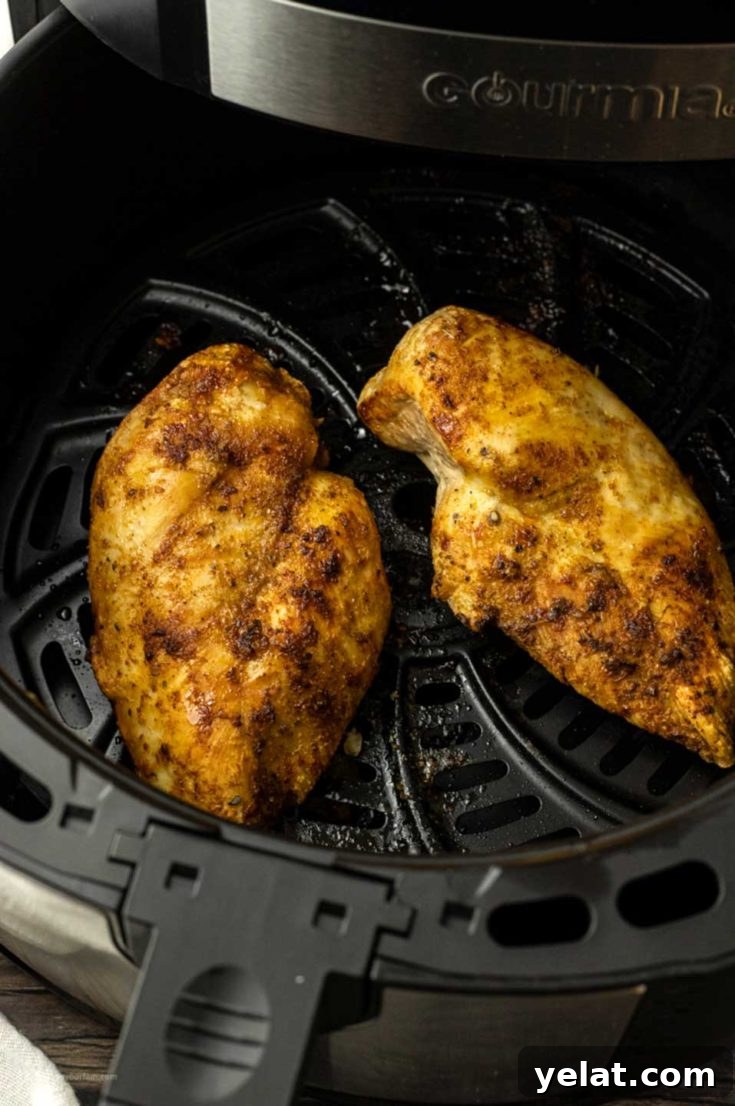 Two cooked chicken breasts lying inside the air fryer.