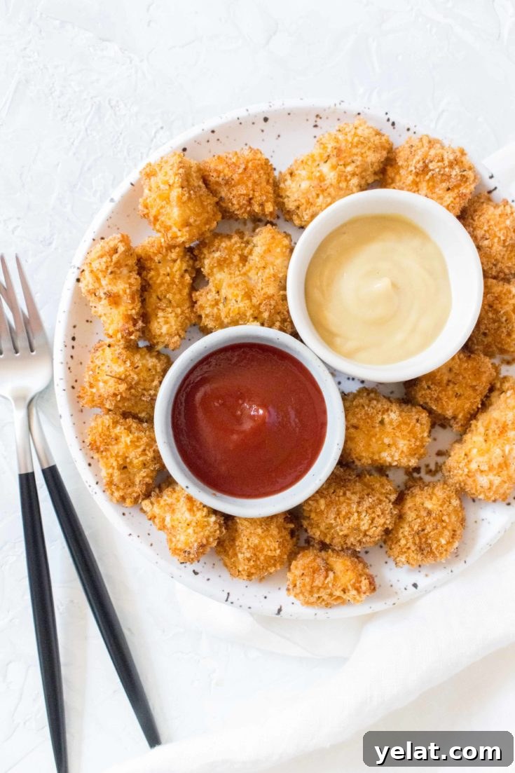 Plate filled with homemade chicken nuggets and dipping sauces.