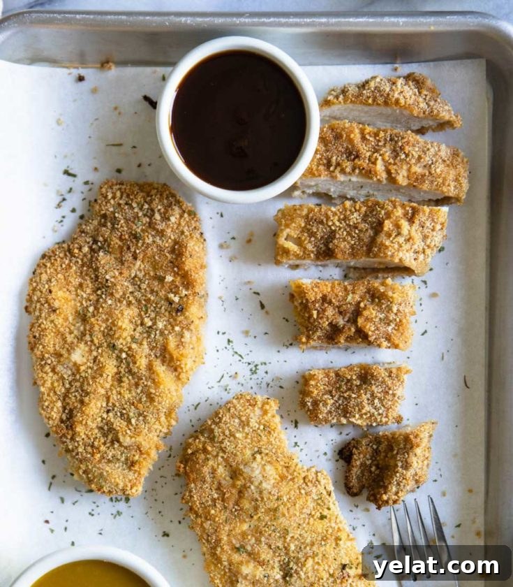 Chicken cutlets arranged on a sheet pan near small bowls of dipping sauce.
