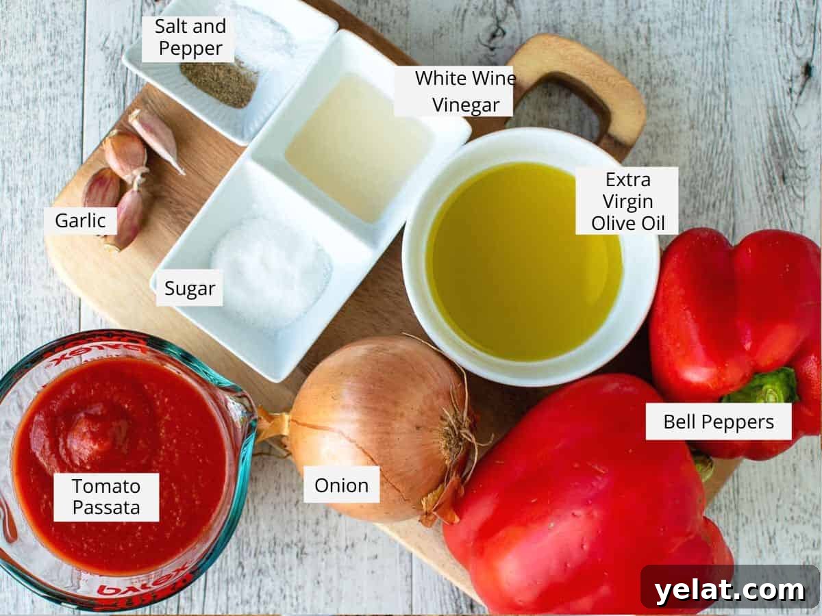 Authentic Italian Peperonata Recipe – Sweet Pepper Stew 3 Overhead view of ingredients required to make this recipe.