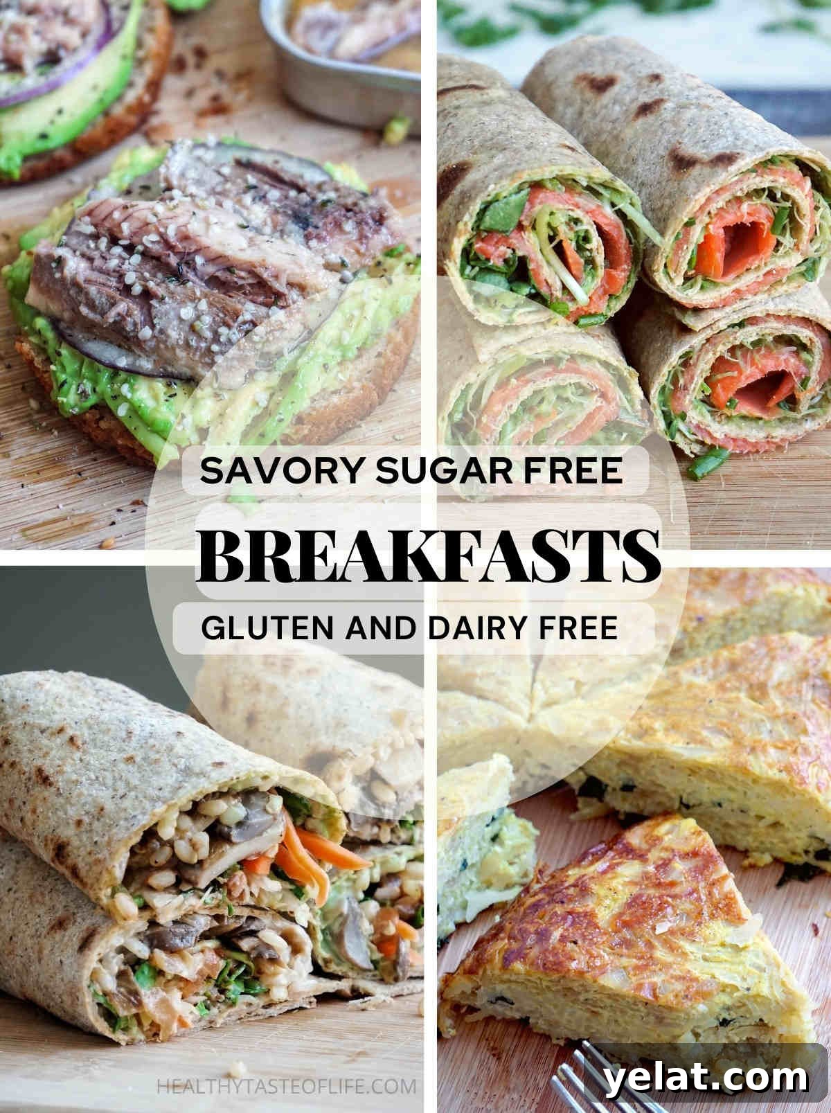 Savory Gluten- and Dairy-Free Breakfast Ideas Without Sugar 2 Savory breakfast ideas without sugar, gluten free and dairy free, clean eating breakfast: burritos, skillet casserole, avocado toast or tortilla roll ups.