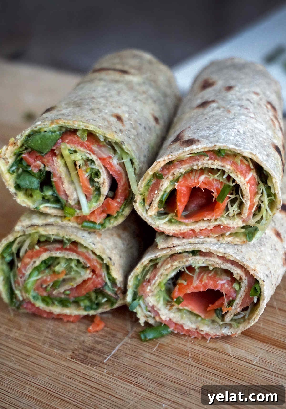 Savory Gluten- and Dairy-Free Breakfast Ideas Without Sugar 6 Gluten-free dairy-free tortilla roll-ups filled with smoked salmon greens, avocado sauce.