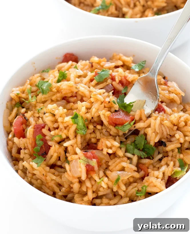 Finished rice in a while bowl with a fork topped with cilantro. 