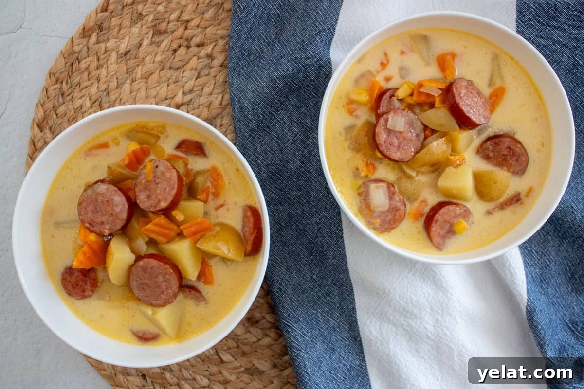 Two white bowls of creamy soup with sliced sausage, potatoes, and carrots on a white and blue cloth, placed on a woven placemat.