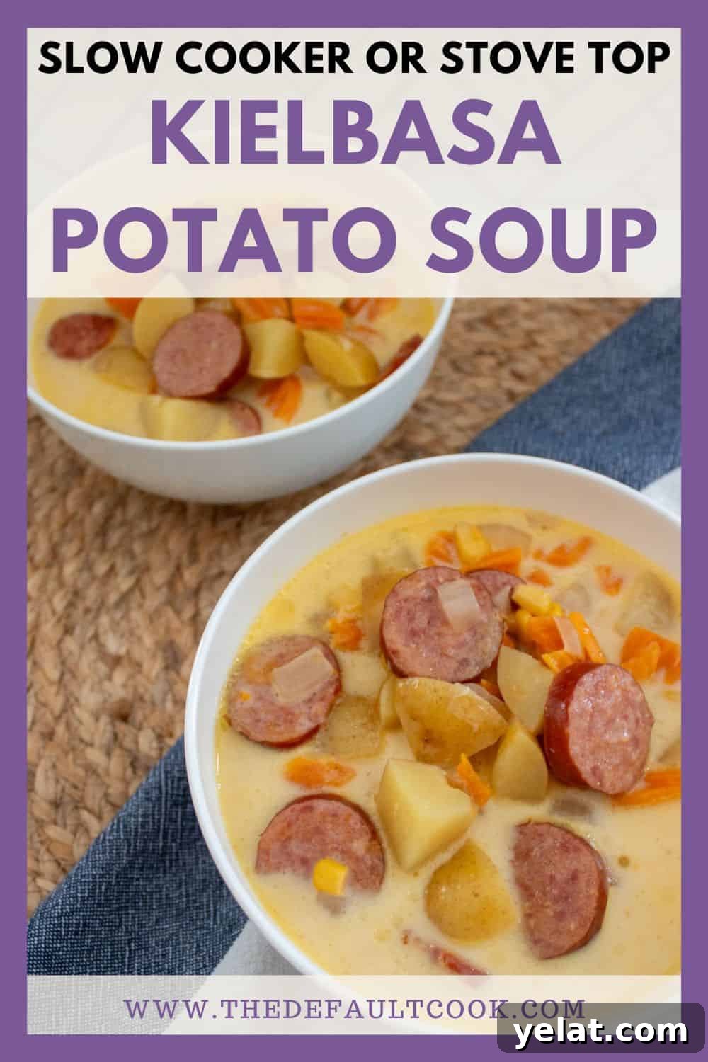 A bowl of kielbasa potato soup with sliced sausage, potato chunks, and diced carrots sits on a woven mat beside another bowl. Text reads “Slow Cooker or Stove Top Kielbasa Potato Soup.”.