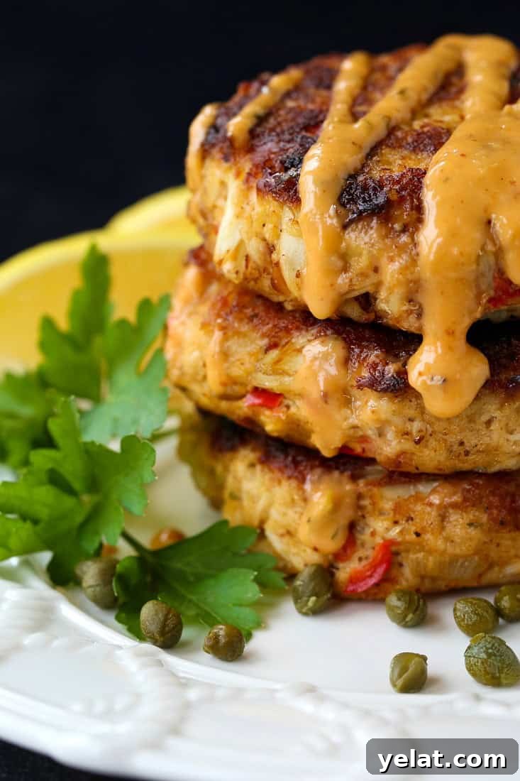 crab cakes stacked on a plate with sauce