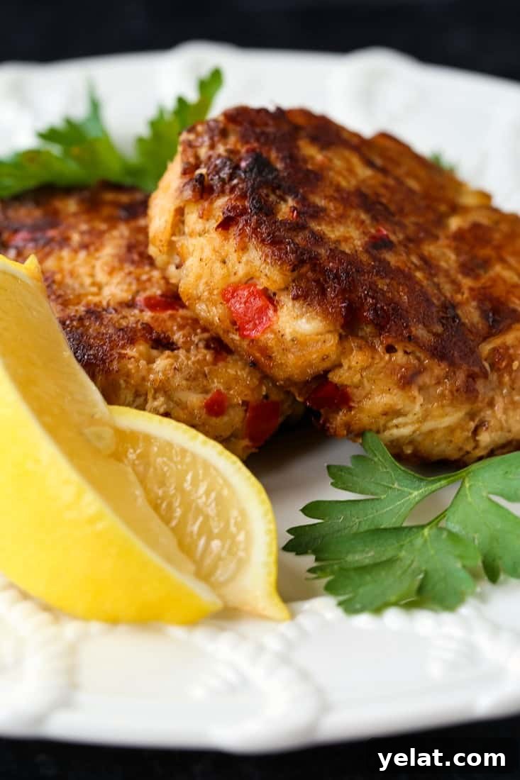 excellent crab cakes on a white plate with sliced lemons