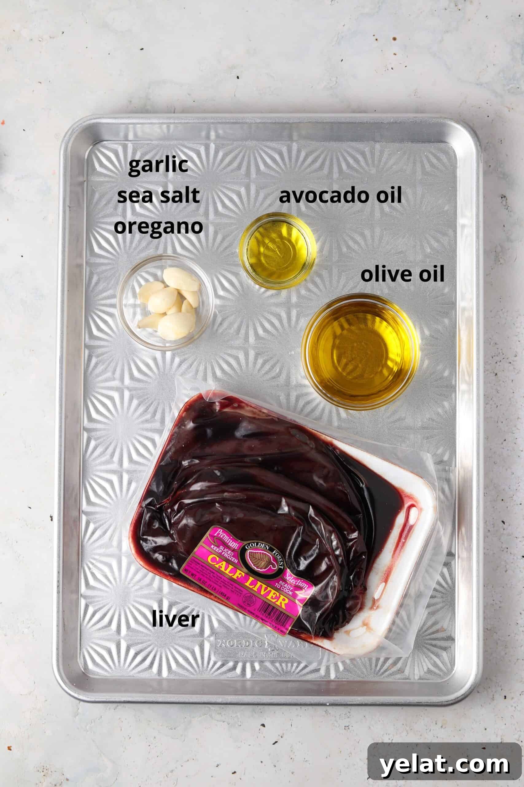 Silky Beef Liver Pâté Recipe for Entertaining and Apps 3 Pate ingredients in glass bowls on a metal tray.