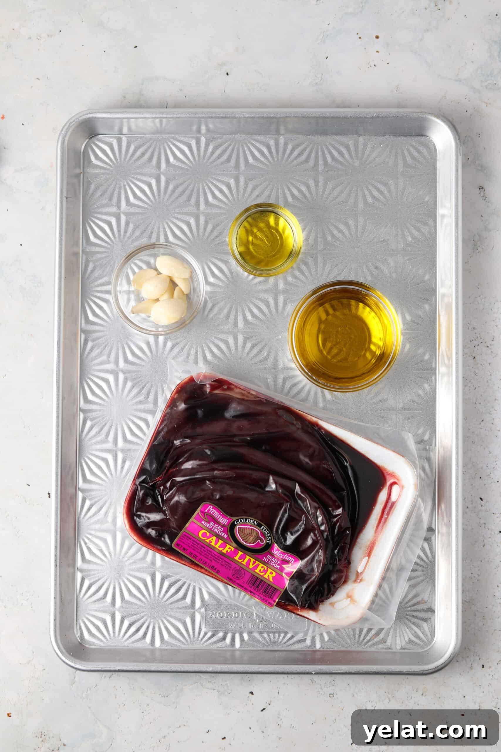 Silky Beef Liver Pâté Recipe for Entertaining and Apps 4 Beef liver pate ingredients on a metal tray.