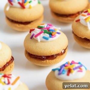Eight vanilla wafer sandwich cookies topped with white icing and confetti sprinkles on a parchment surface.