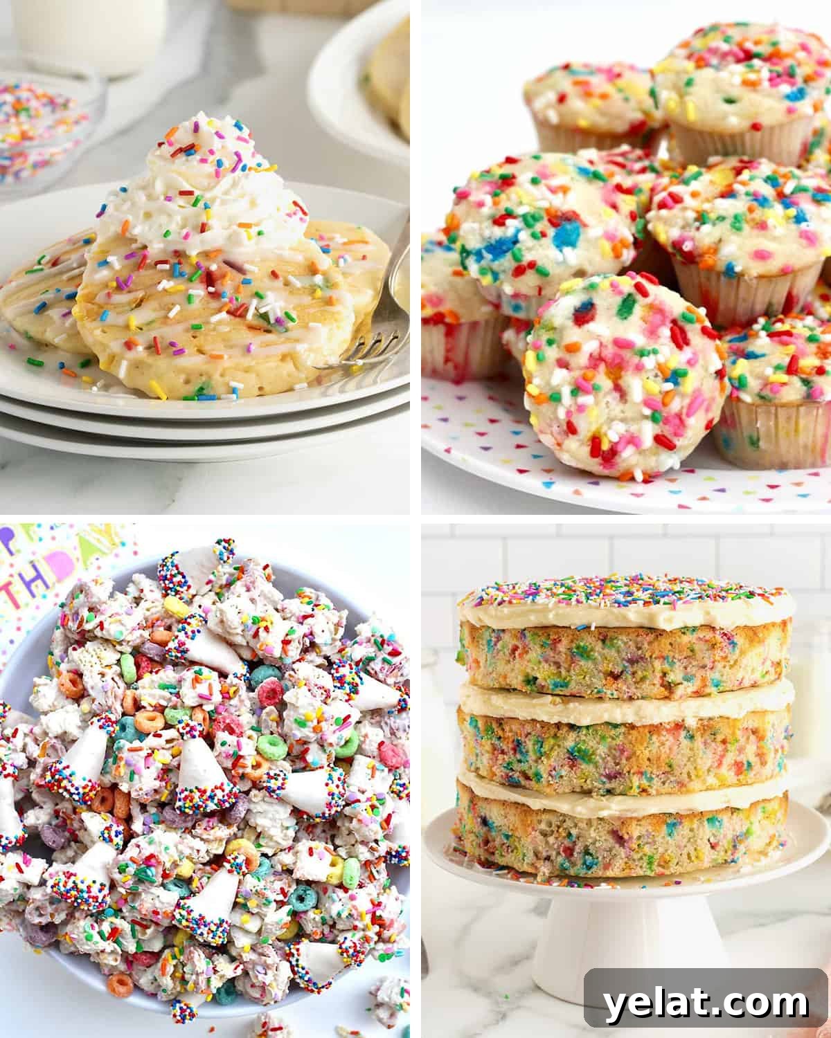 Confetti pancakes, birthday breakfast muffins, birthday snack mix and confetti birthday cake.