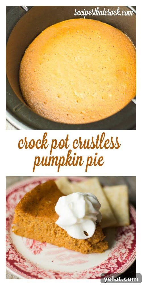 Crustless Pumpkin Pie Made in the Crock Pot: Creamy Slow-Cooker Recipe 2 Crock Pot Crustless Pumpkin Pie - This recipe for a crustless version of the holiday favorite bakes up beautifully in your slow cooker freeing up the oven. Throw on a quick pan of pie crust strips and you have the perfect dessert for crust lovers and crust haters alike!