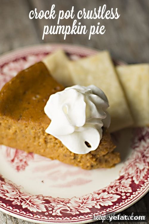 Crustless Pumpkin Pie Made in the Crock Pot: Creamy Slow-Cooker Recipe 4 Crock Pot Crustless Pumpkin Pie - This recipe for a crustless version of the holiday favorite bakes up beautifully in your slow cooker freeing up the oven. Throw on a quick pan of pie crust strips and you have the perfect dessert for crust lovers and crust haters alike!