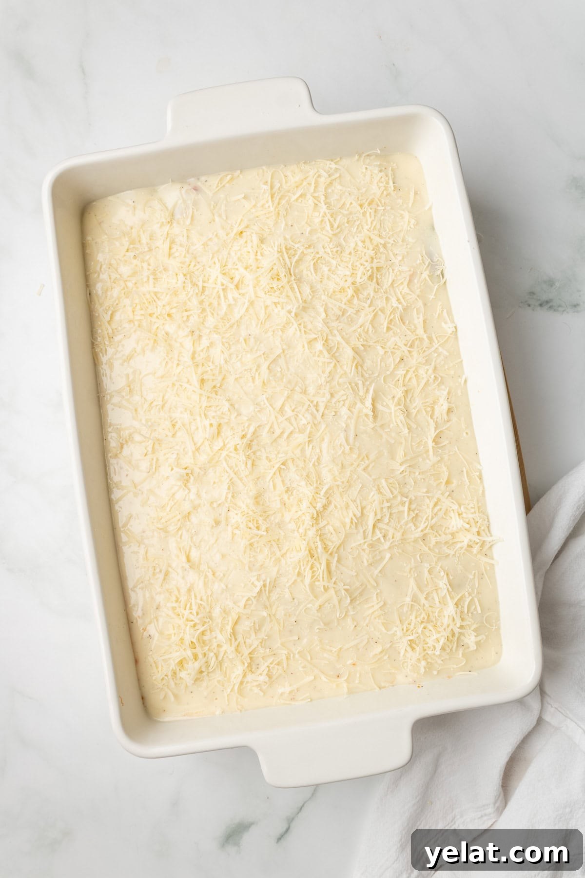 An overhead image of the vegetarian moussaka before baking.