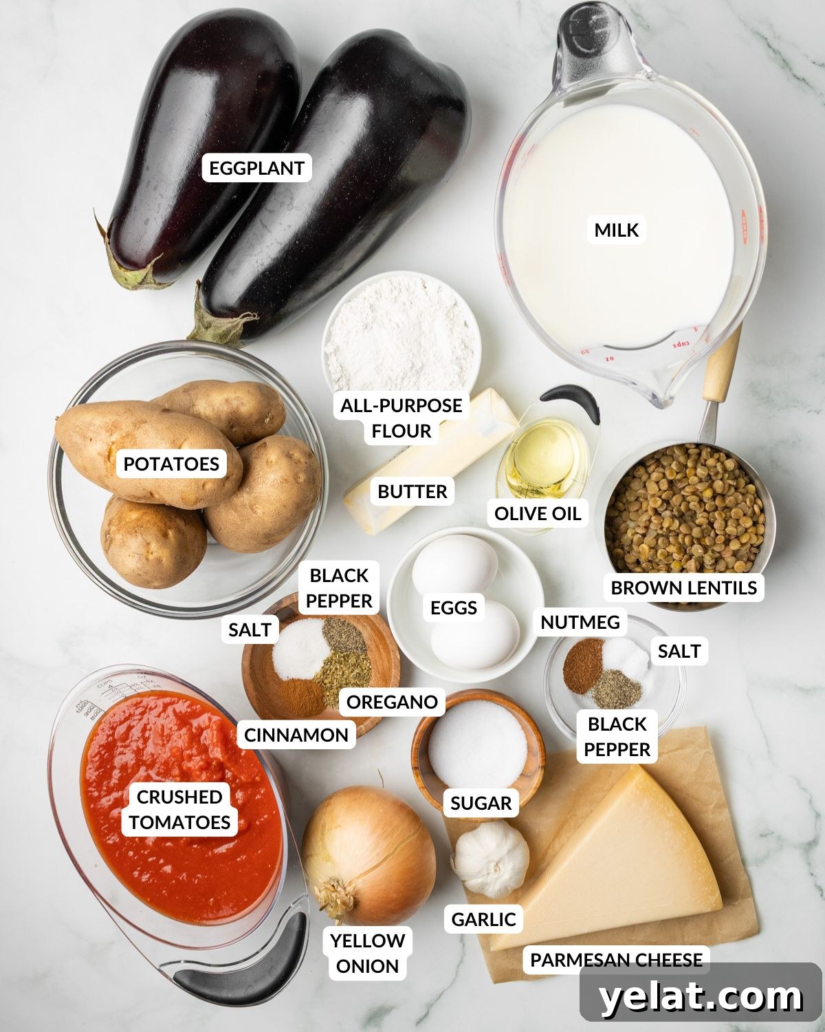 An overhead image of the ingredients of vegetarian moussaka.
