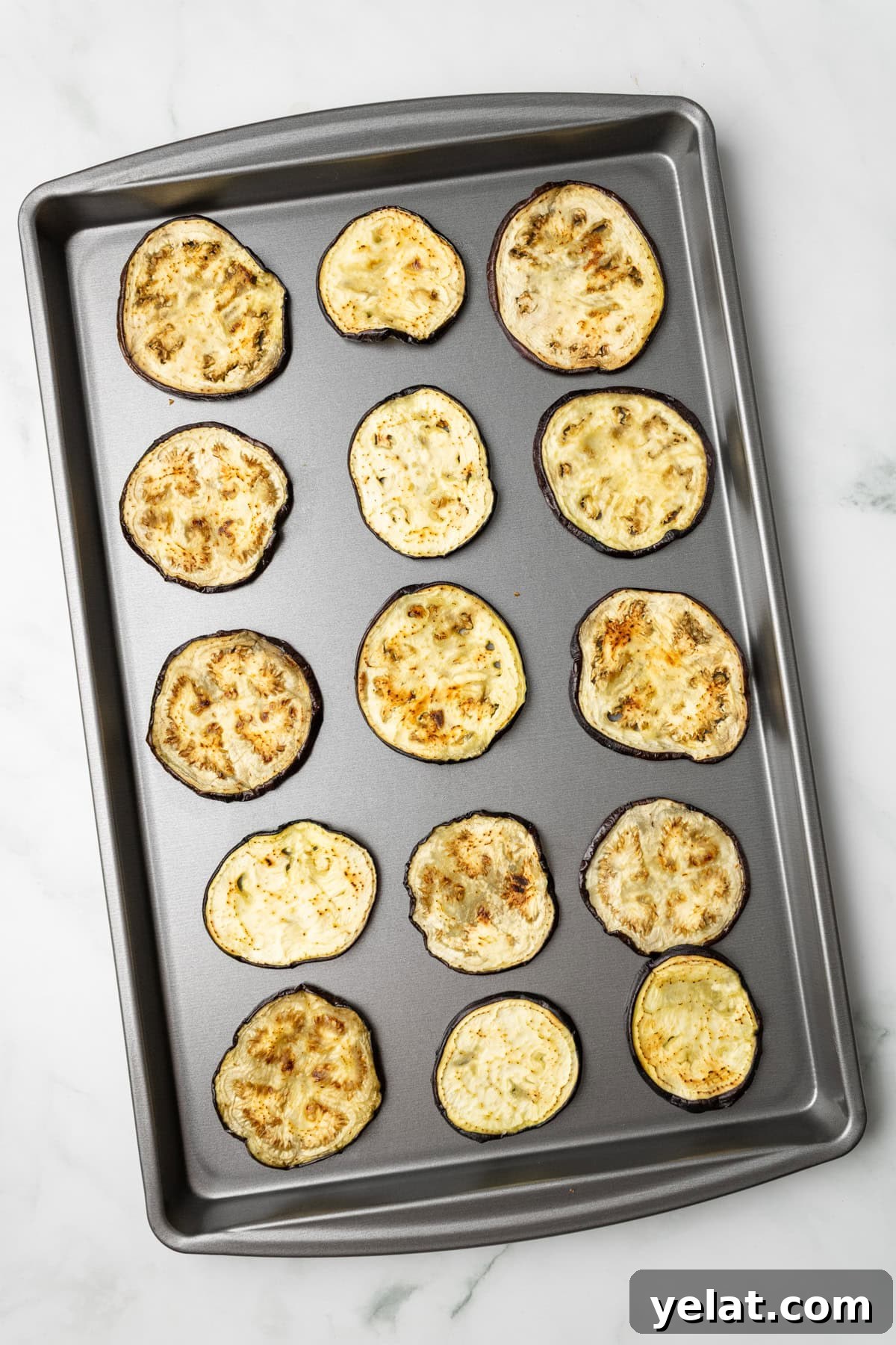 An overhead image of roasted eggplant slices.