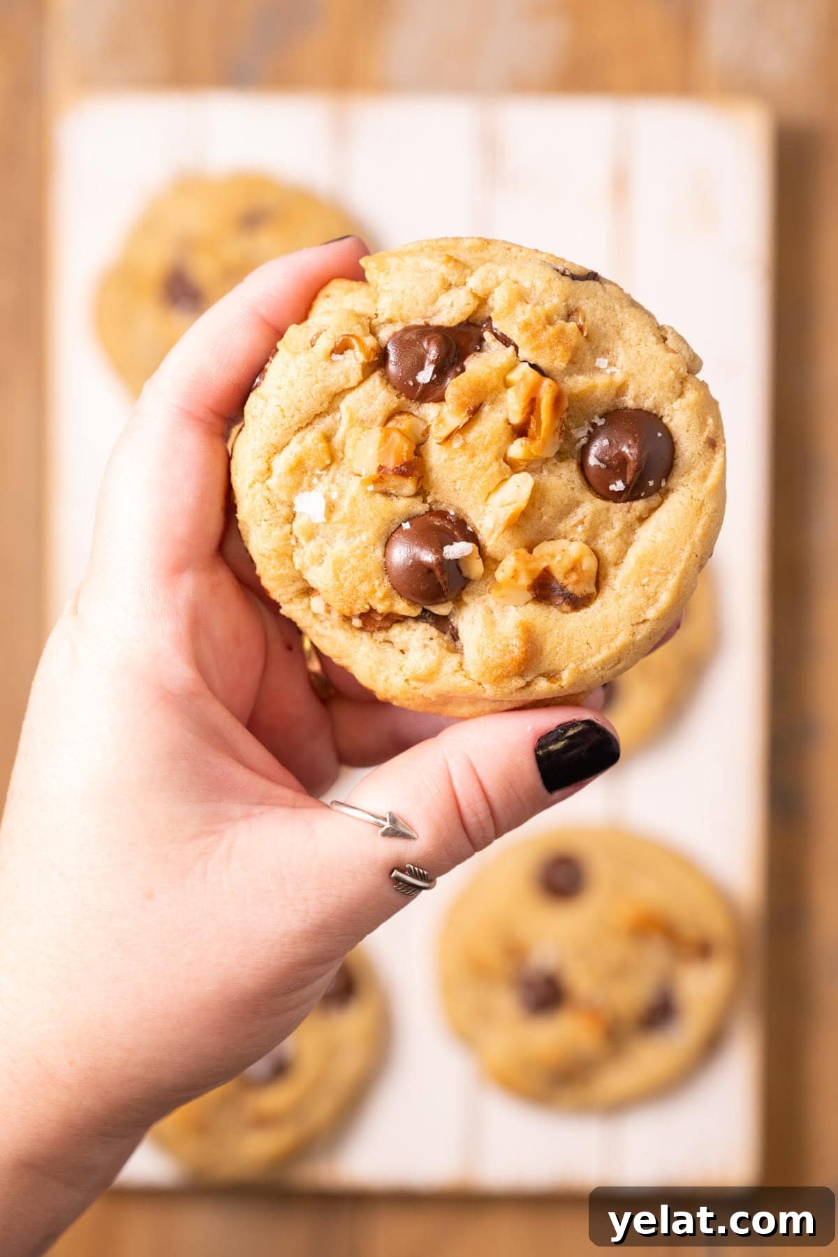 Holding a chocolate chip cookie with walnuts up to the camera.