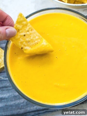 A bowl of vegan cheese sauce with a chip being dipped into it.