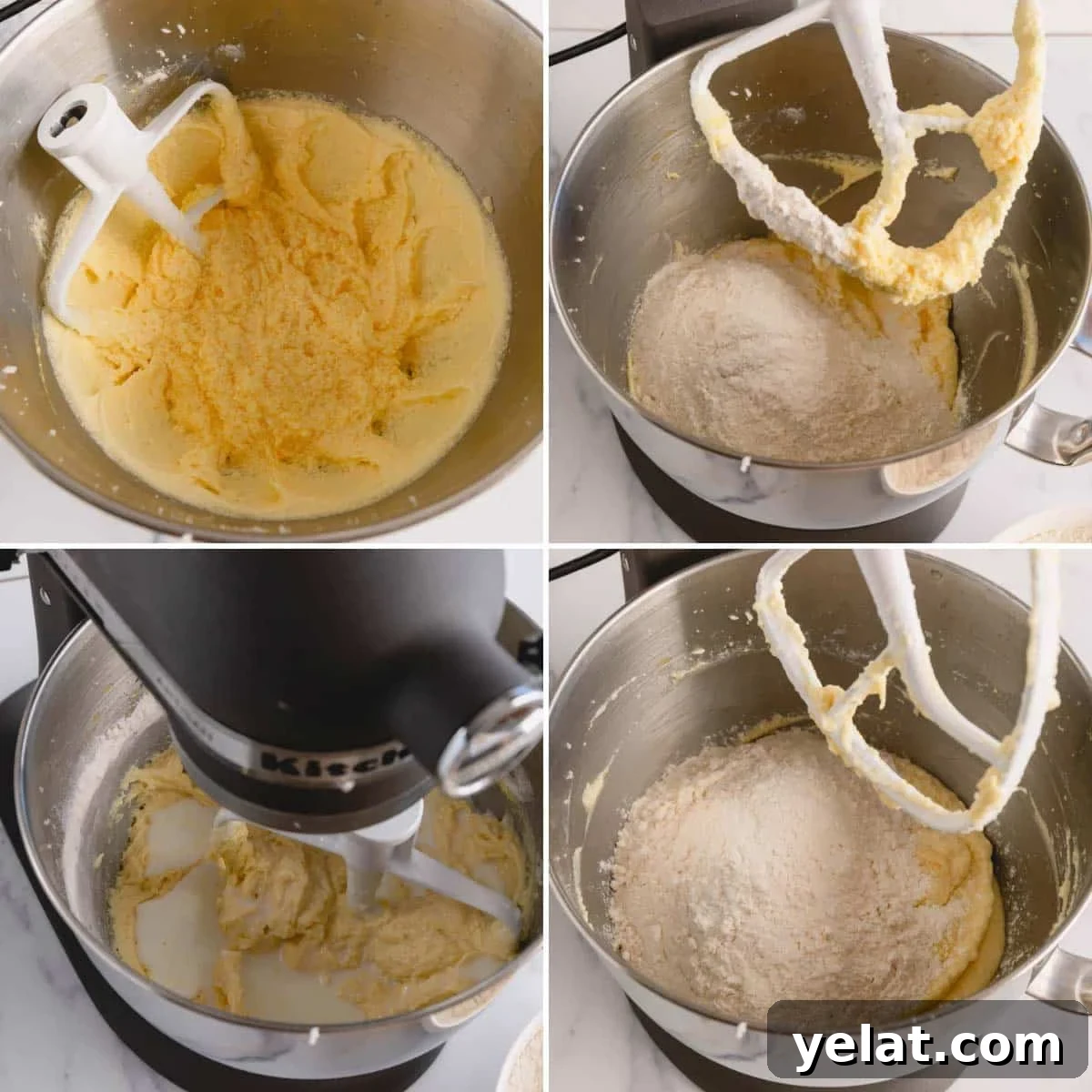 Lemon Sheet Cake Recipe: Zesty, Moist Lemon Cake for Large Groups 7 Four images showing the process of combining wet and dry ingredients for lemon sheet cake.