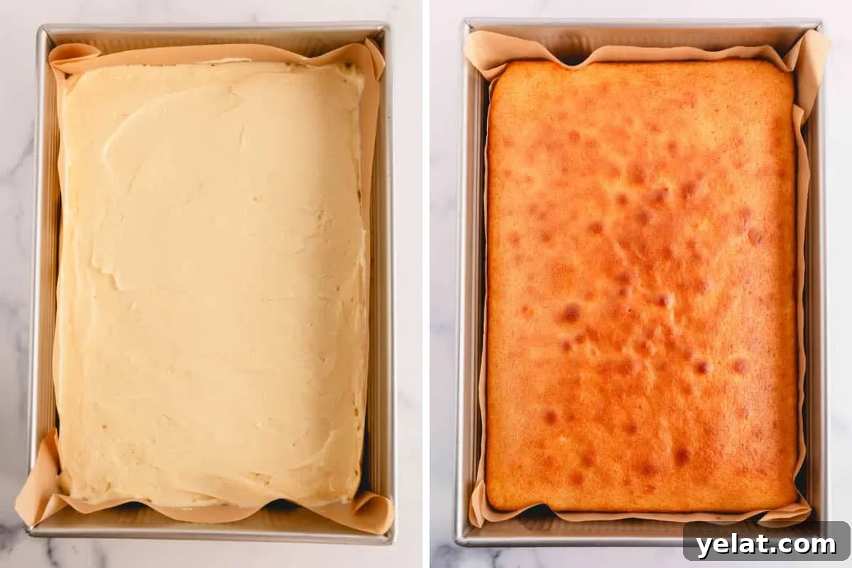Lemon Sheet Cake Recipe: Zesty, Moist Lemon Cake for Large Groups 9 Unbaked lemon sheet cake on the left and baked lemon sheet cake on the right.