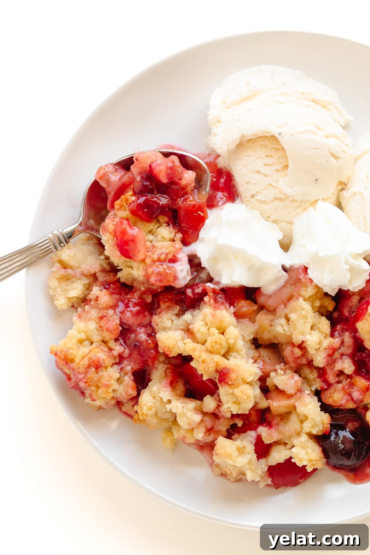 Rustic Plum & Apple Crumble Recipe for Fall Baking 13 Plum and apple crumble on a plate served with vanilla ice cream and whipped cream.