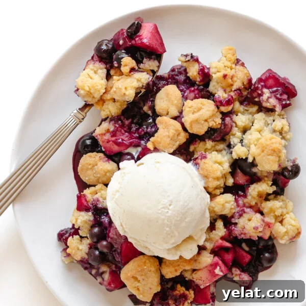 Rustic Plum & Apple Crumble Recipe for Fall Baking 16 Blueberry and apple crumble on a white plate with spoon and a scoop of vanilla ice cream on top.