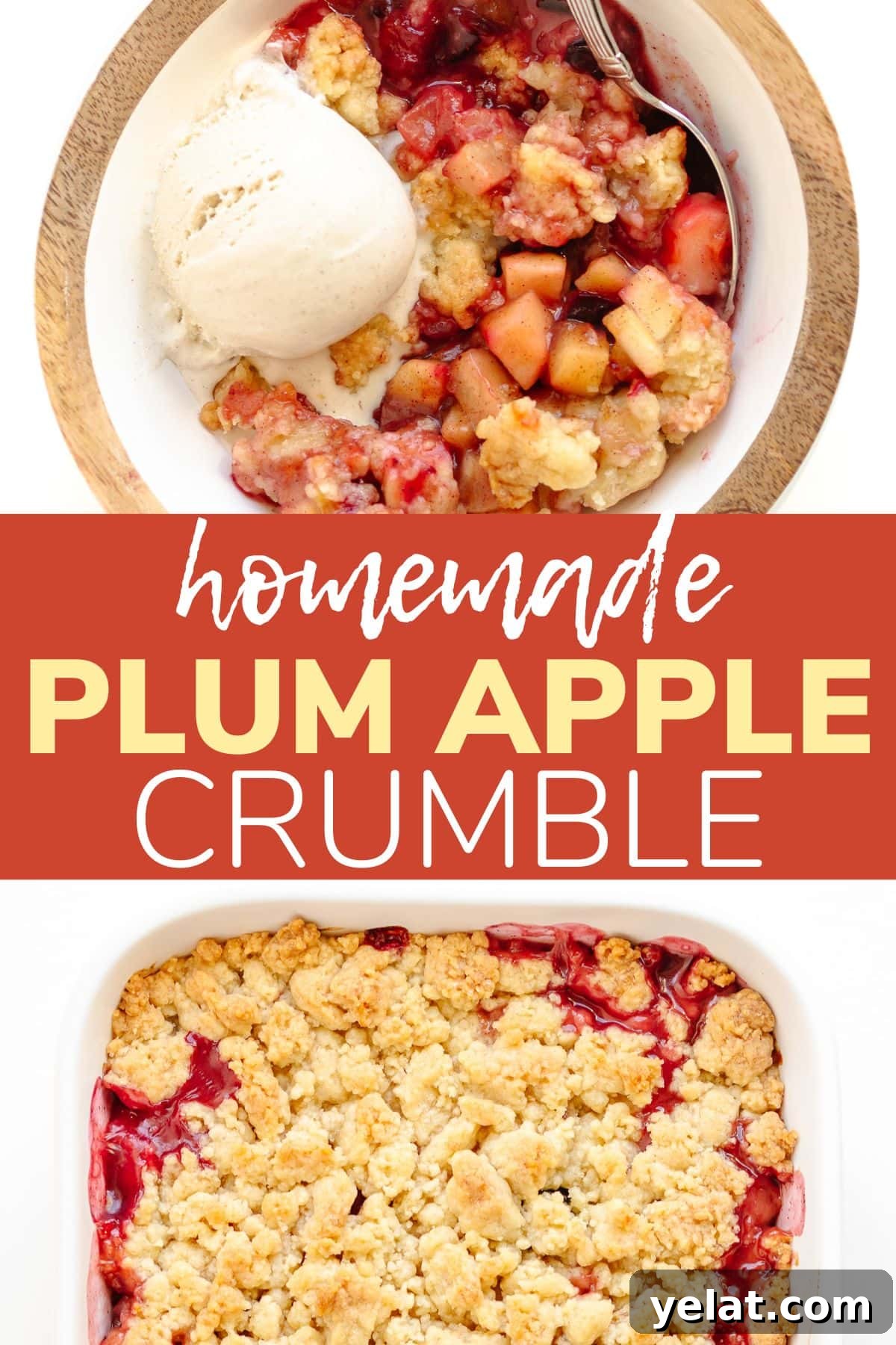 Rustic Plum & Apple Crumble Recipe for Fall Baking 19 Pinterest collage graphic for Homemade Plum Apple Crumble.