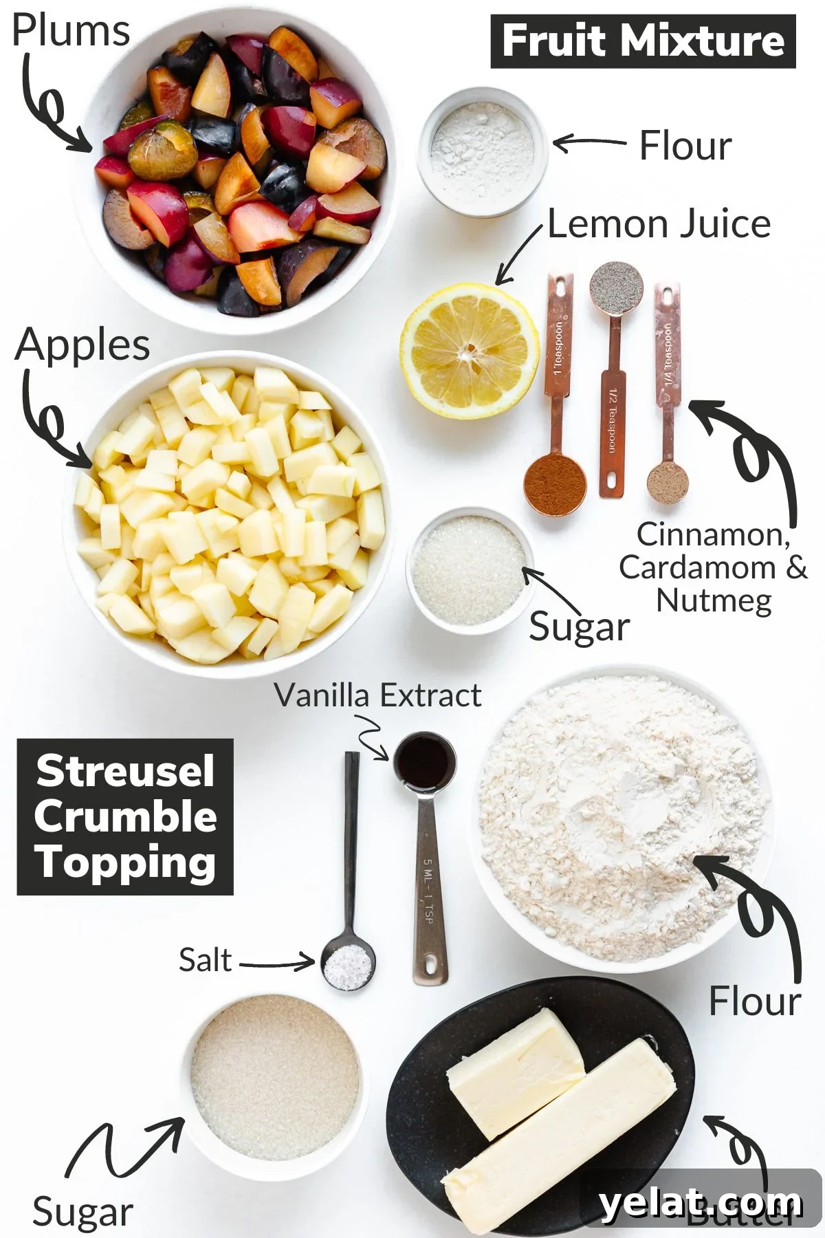 Rustic Plum & Apple Crumble Recipe for Fall Baking 4 Labelled photo of ingredients needed to make this plum and apple crumble recipe.