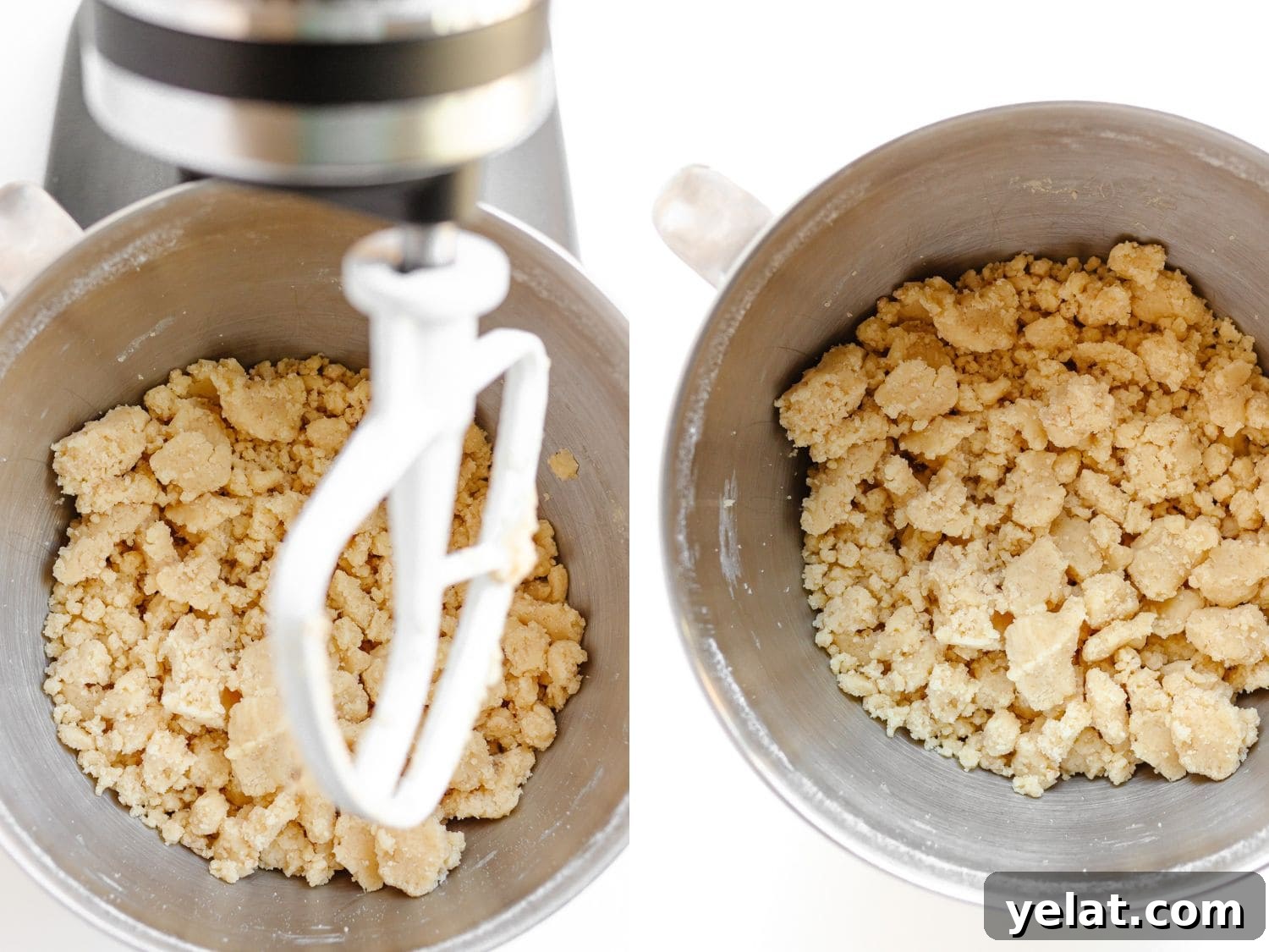 Rustic Plum & Apple Crumble Recipe for Fall Baking 6 Butter streusel crumble topping being mixed in a stand mixer.