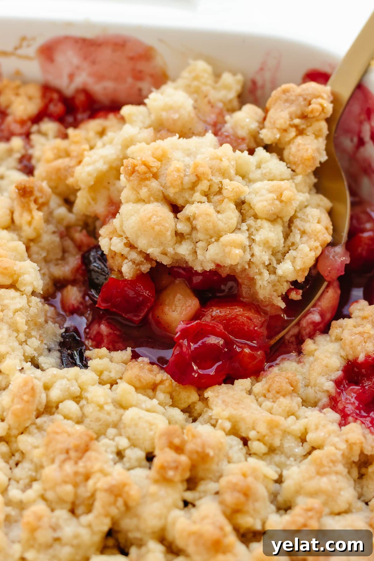 Rustic Plum & Apple Crumble Recipe for Fall Baking 10 Closeup of a scoop of plum apple crumble being lifted out of baking dish.