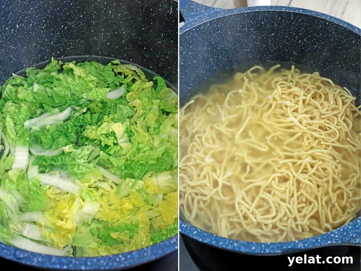 blanching egg noodles and cabbage in hot water