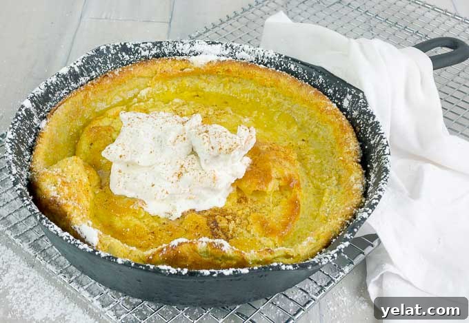 Pumpkin Pie Dutch Baby — Fluffy Autumn Skillet Pancake Recipe 4 Pumpkin Pie Dutch Baby in a cat iron skillet with whipped cream