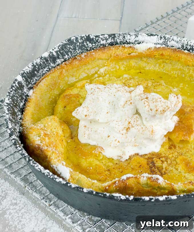 Pumpkin Pie Dutch Baby — Fluffy Autumn Skillet Pancake Recipe 5 Pumpkin Pie Dutch Baby in a cat iron skillet with whipped cream