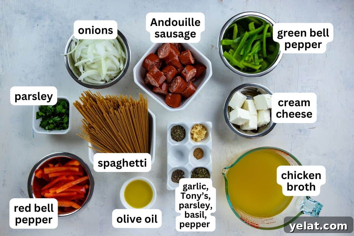 Cajun Sausage Spaghetti Recipe: Spicy Pasta with Andouille 3 All ingredients measured into individual containers.