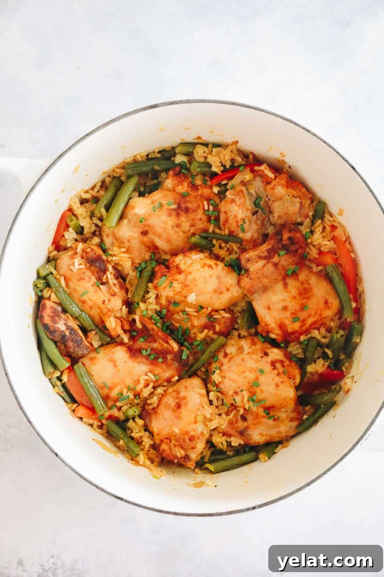 one pot chicken and rice in a dutch oven.