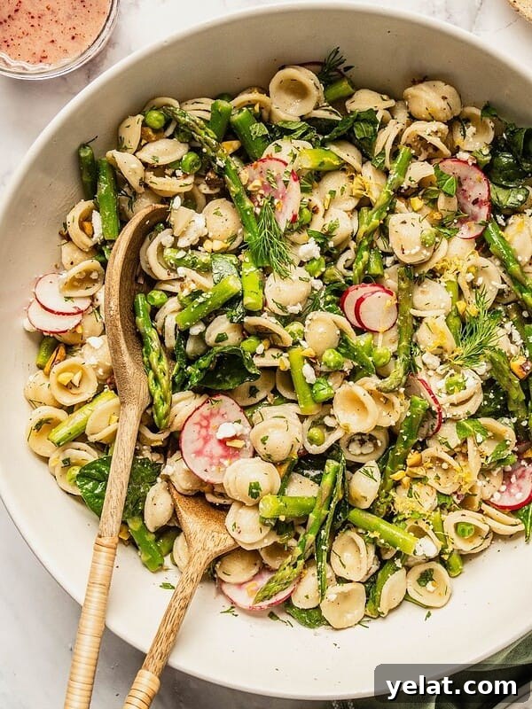 Bowl of spring pasta salad loaded with asparagus, radish, spinach, herbs and a tangy sumac honey dressing.