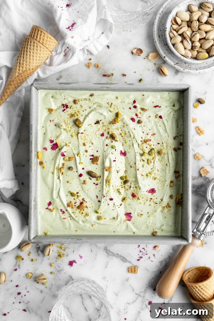 Homemade Pistachio Ice Cream Recipe with Creamy Texture 8 pistachio ice cream in a baking pan