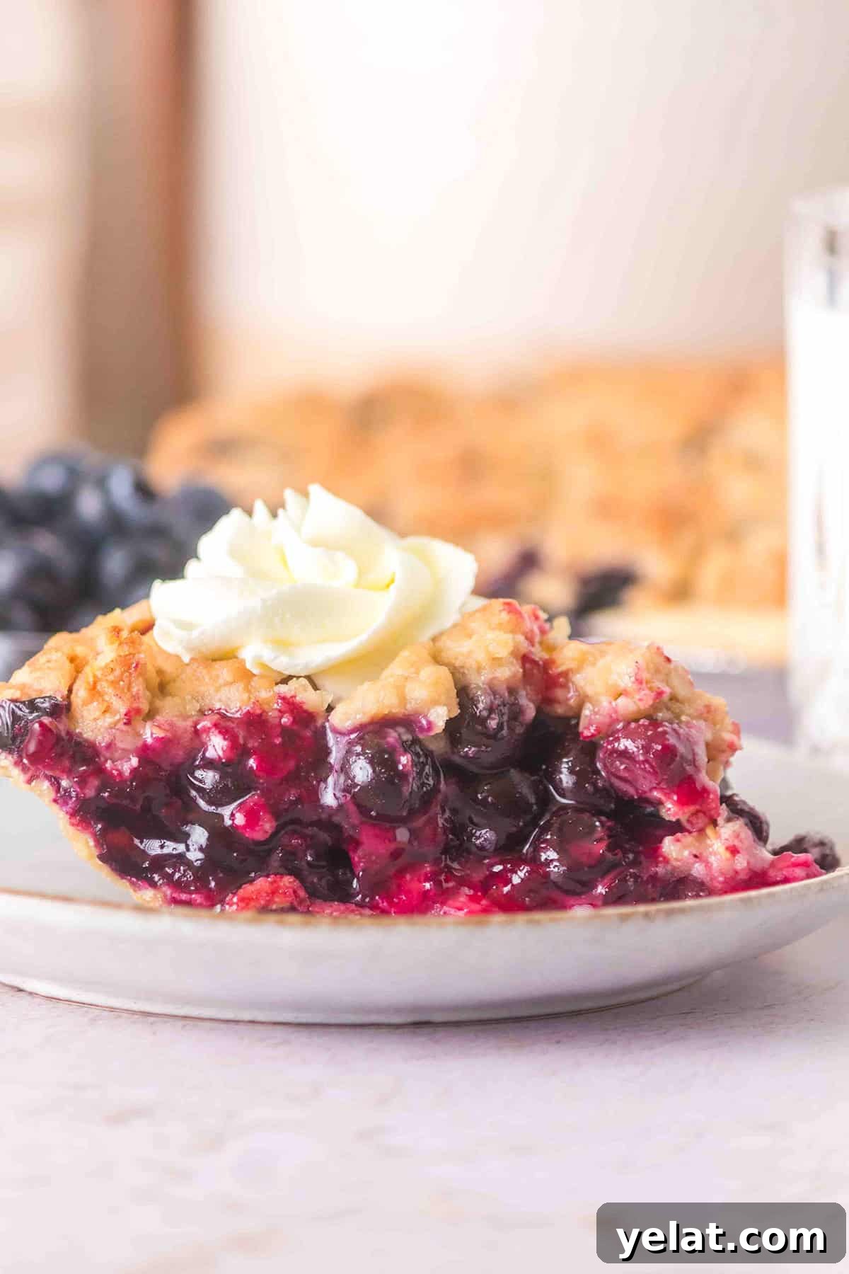 A slice of blueberry pie with a golden crust and whipped cream on top sits on a white plate, with a blurred background featuring more blueberry pie and a glass.