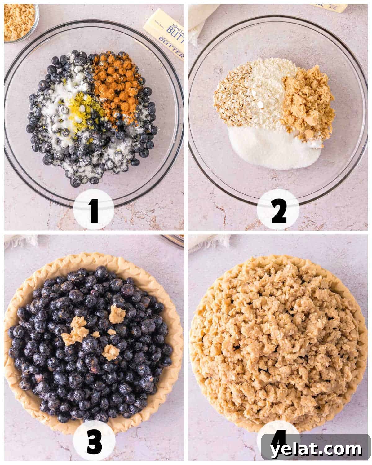 Step-by-step images show how to make a delicious Blueberry Crumble Pie: fresh blueberries with sugar and spices, oat topping mixture, filled pie crust, and the assembled pie ready for baking.
