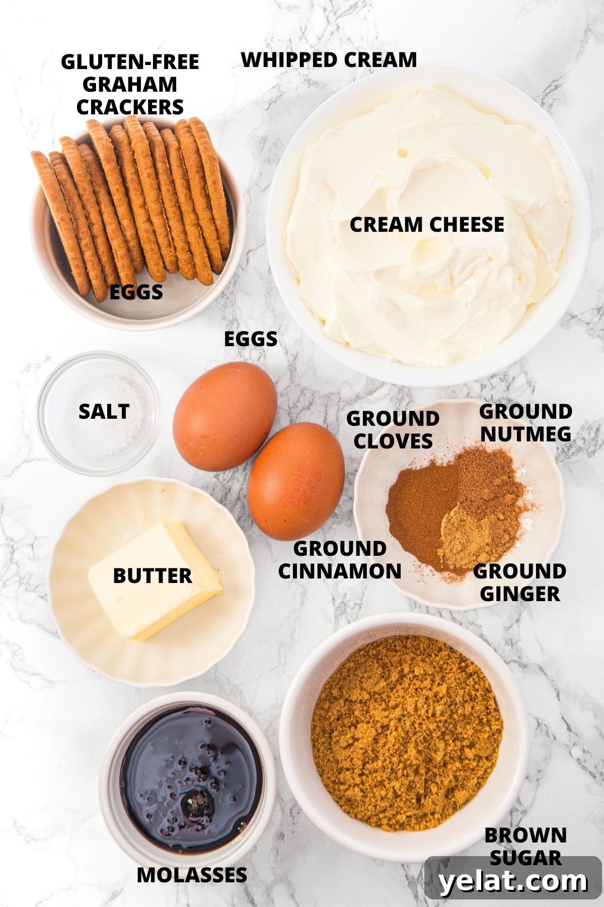 Mini Gingerbread Cheesecakes Recipe (Gluten-Free, Dairy-Free Option) Ingredients for mini gingerbread cheesecakes recipe laid out on marble board