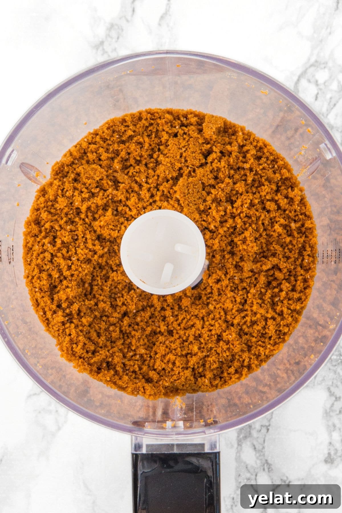 How to Make Gingerbread Mini Cheesecakes Processed graham cracker crumbs in food processor.