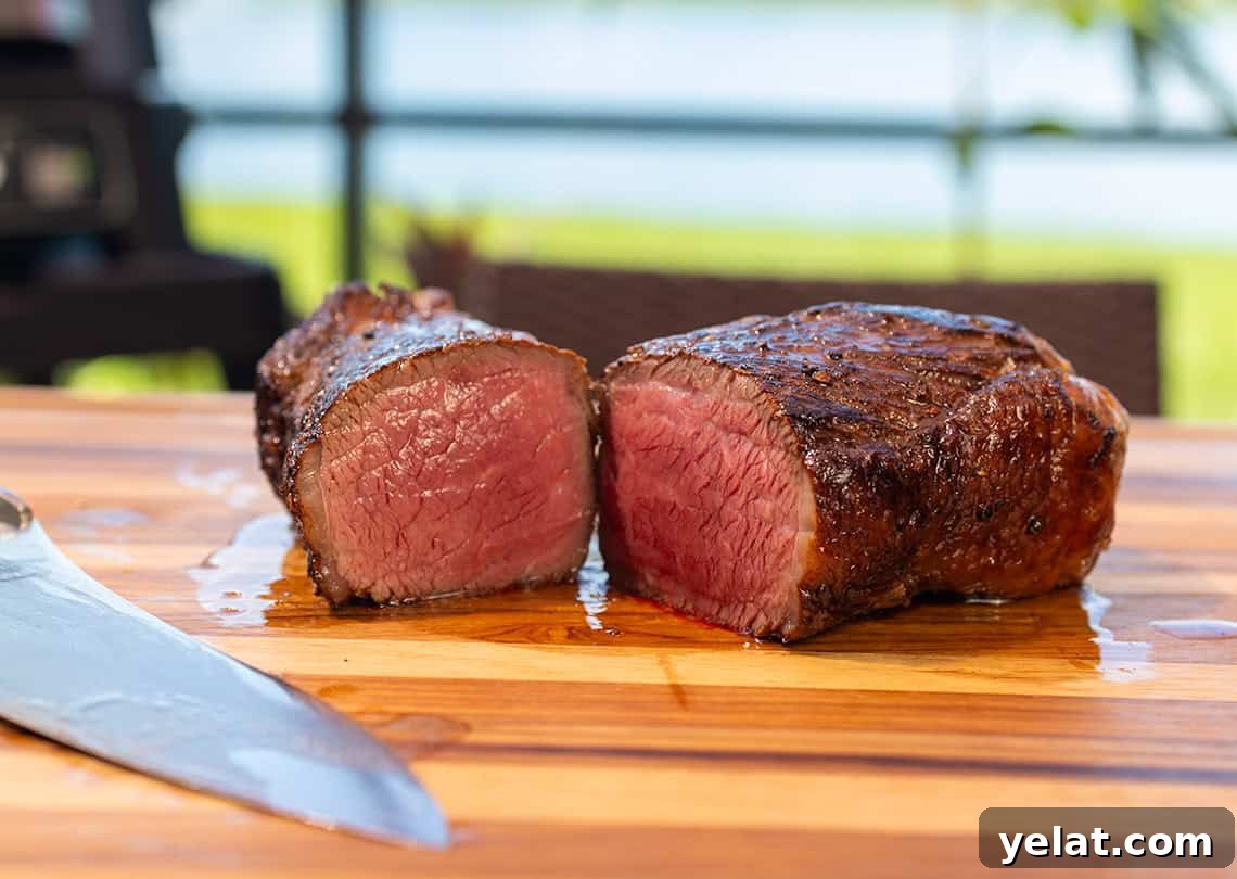 Smoked Picanha Steak on a cutting board with Ninja Woodfire in the background.