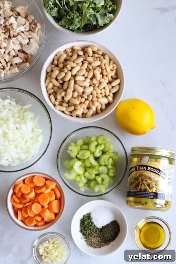 Hearty White Bean and Chicken Soup with Garlic and Herbs 4 Ingredients for chicken and white bean soup displayed in small bowls on a white kitchen counter