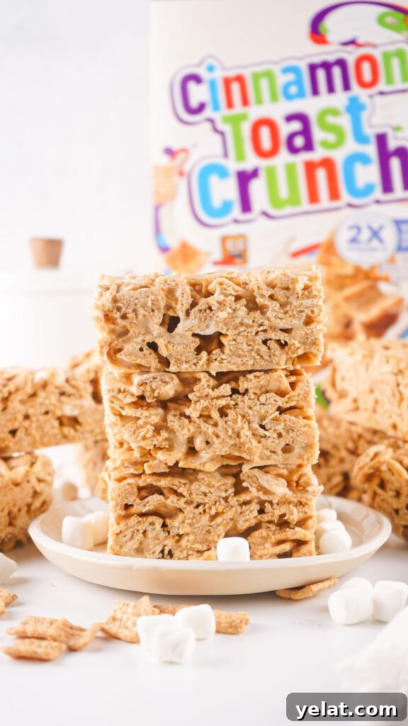 Cinnamon Toast Crunch Marshmallow Bars: Gooey Cereal Treats 2 stack of cinnamon toast crunch treats