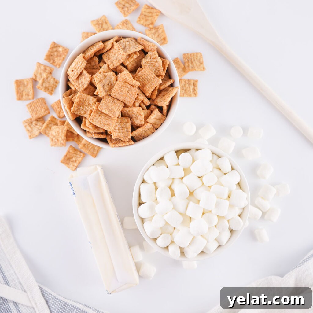Cinnamon Toast Crunch Marshmallow Bars: Gooey Cereal Treats 3 cinnamon toast crunch, butter, and marshmallows in bowls on counter for cinnamon toast crunch treats