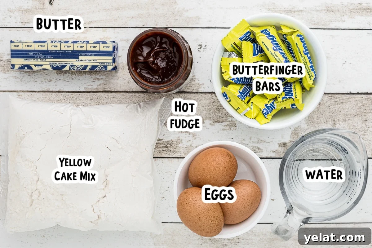 Slow Cooker Butterfinger Dessert Cake Recipe 3 ingredients for butterfinger cake on a table.