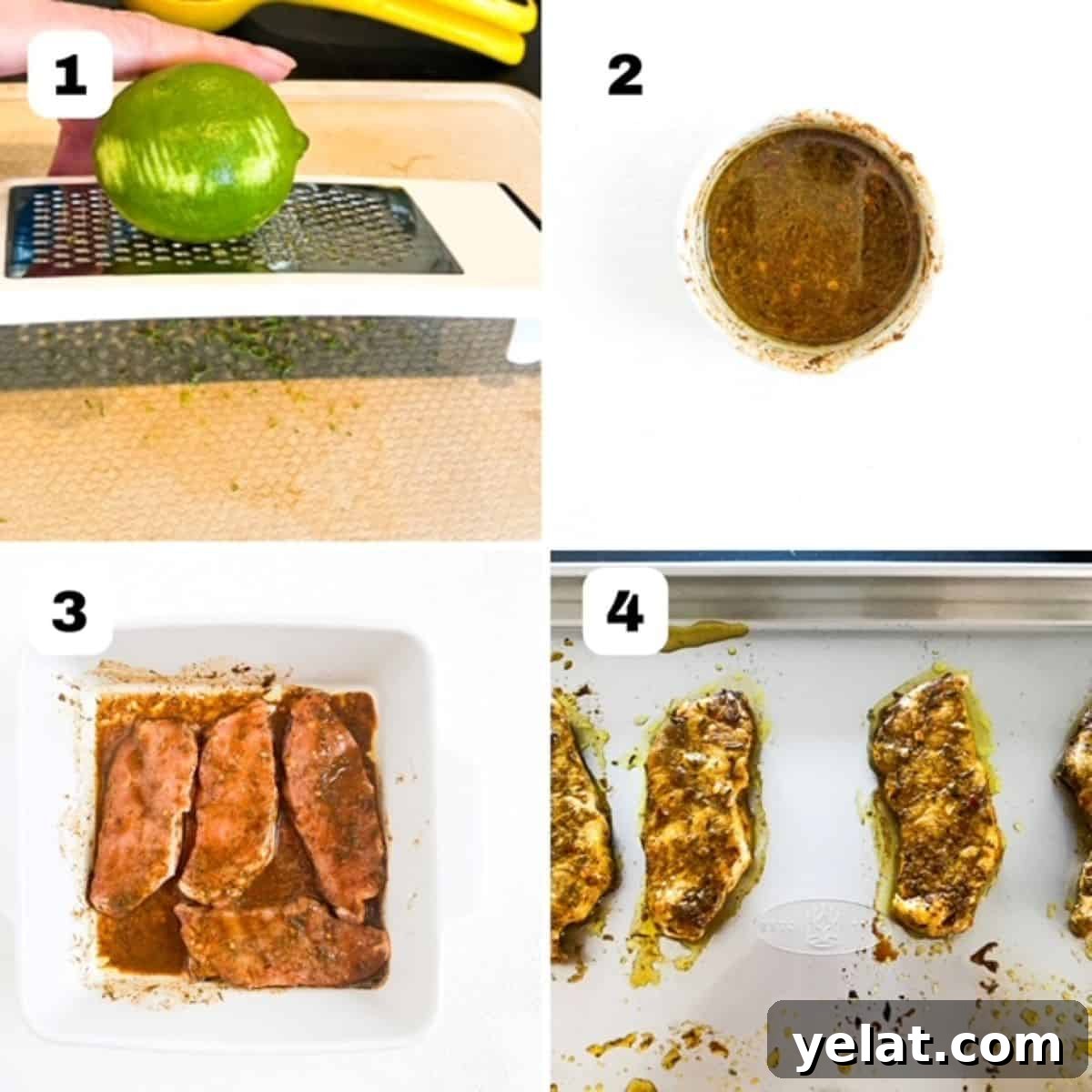 Crispy Oven-Baked Boneless Pork Chops with Garlic Herb Rub 4 Four images showing how to make jerk lime marinated pork chops in the oven.