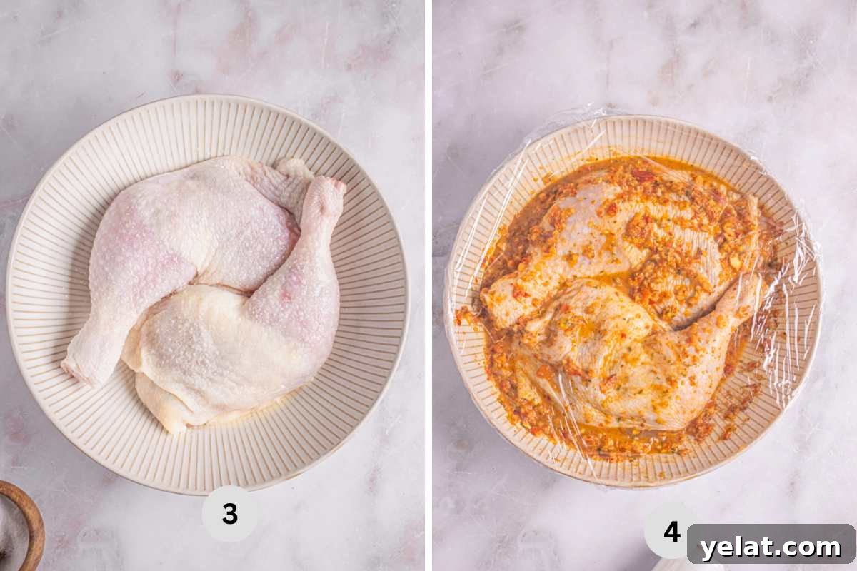 Peri-Peri Chicken Recipe: Spicy Portuguese Grilled Chicken Tutorial 6 Marinating the chicken quarters with the peppered mix, and covering with cling wrap.