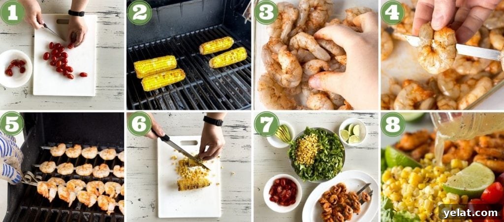 Grilled Shrimp, Avocado & Corn Salad with Lime Vinaigrette 3 An eight frame process shot collage of making grilled shrimp and corn salad.